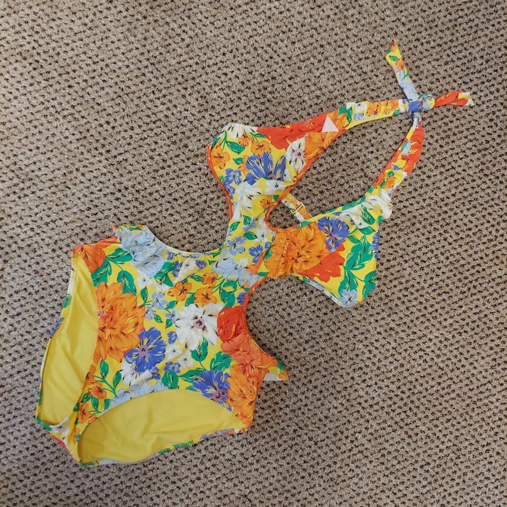Aerie Real Good Yellow Floral Halter Cutout Monokini Swimsuit Large L